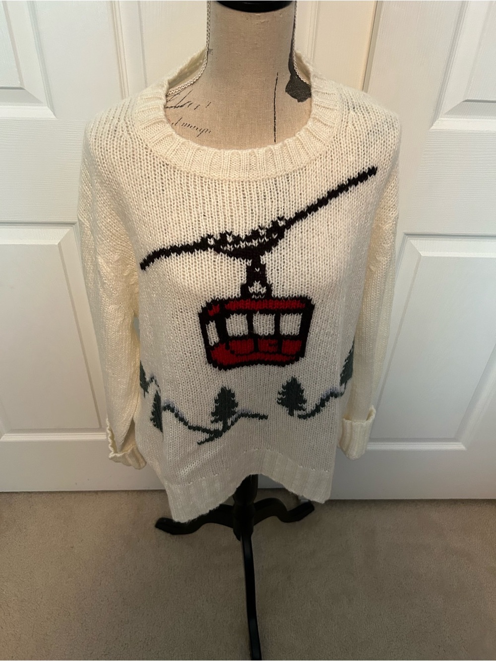 Wooden Ships Cream Cable Car Knit Sweater with Red Accent